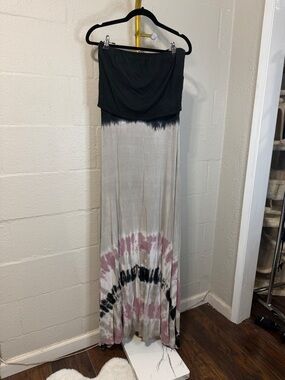 Strapless Tie-Dye Maxi Dress in Black and Dusty Pink